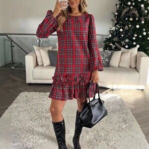 Red Elegant Women's Christmas Lantern Sleeve Mini Dress